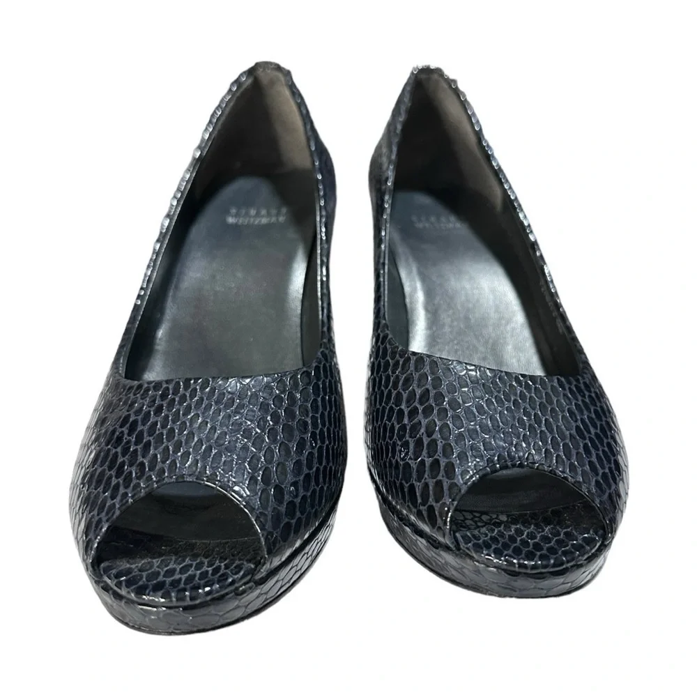Stuart Weizmann Blue Leather Logoplainfield Snakeskin Peep Toe Pump Shoe 9 W